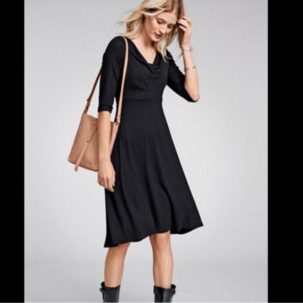 Eileen Fisher Black Jersey Rayon Hi Low Draped Cowl Neck Dress Sz S